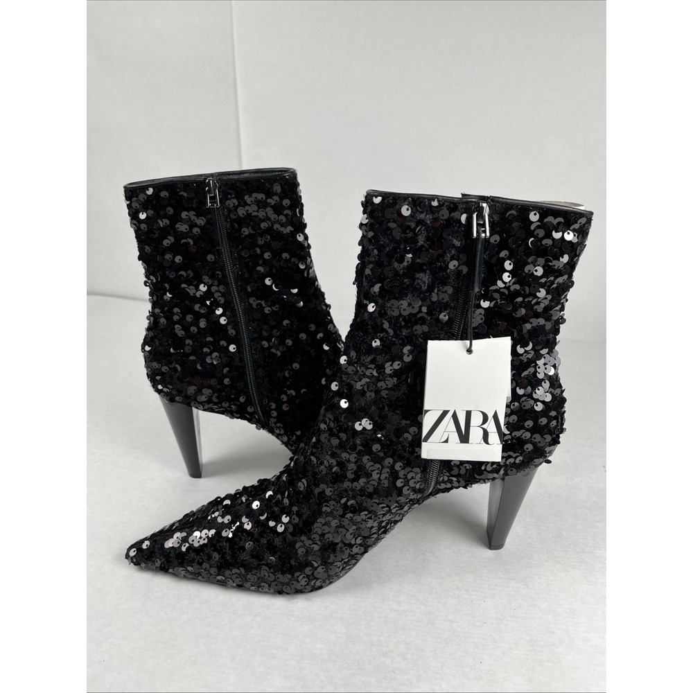 Zara Black Sequin Ankle Boots - Picture 7 of 8